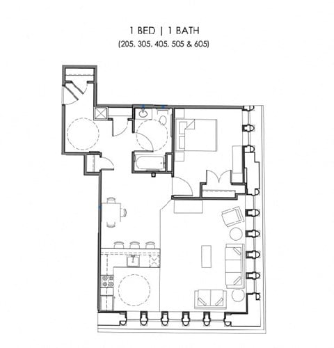 Floor plan for 1 bed, 1 bath, 776 sqft
